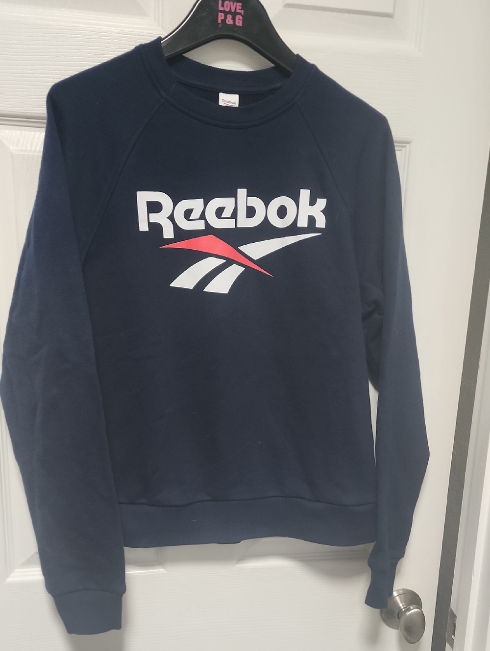 Reebok Navy Sweatshirt with White and Red Logo Medium